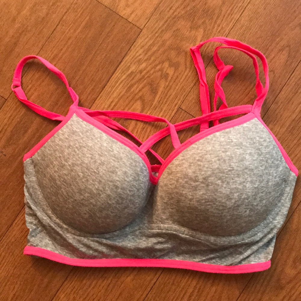 Grey and pink “Pink” strappy padded sports bra